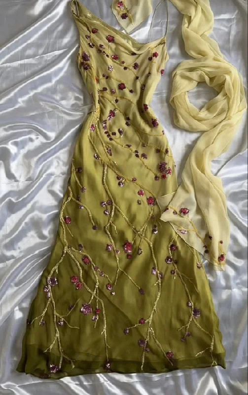 Limited Availability wrap dressGreen Straps Beading Embroidery Gorgeous Vintage Evening Dress, DP2524