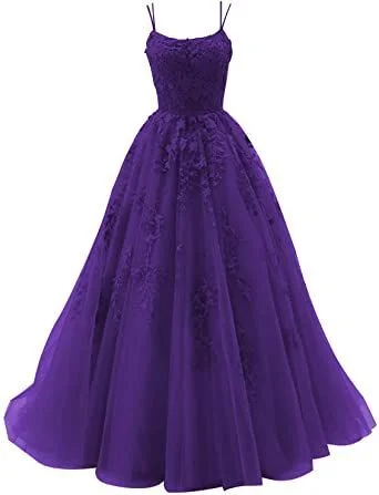 evening dressPurple Spaghetti Strap Prom Dresses Long Tulle Lace Appliques Princess Birthday Party Dress Y879