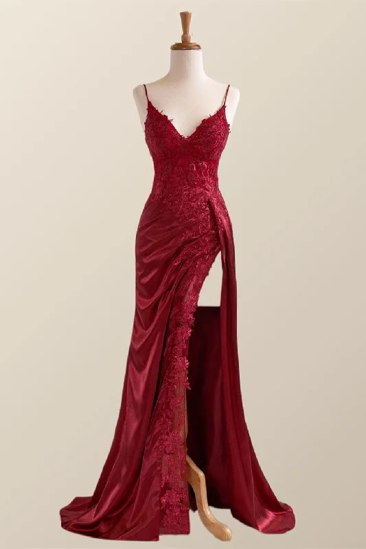 satin dressWine Red Appliques Mermaid Long Formal Dress