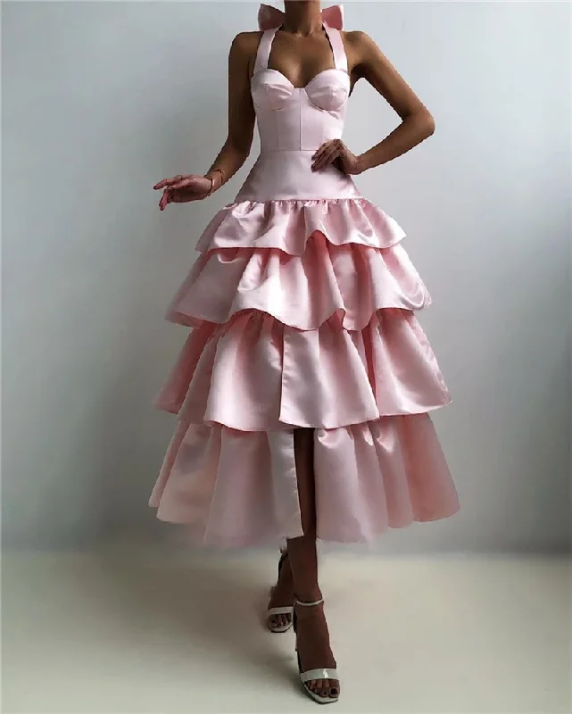 Super Bargain backless dressPink Halter Satin Ankle Length Party Dress Evening Gown,DP1764