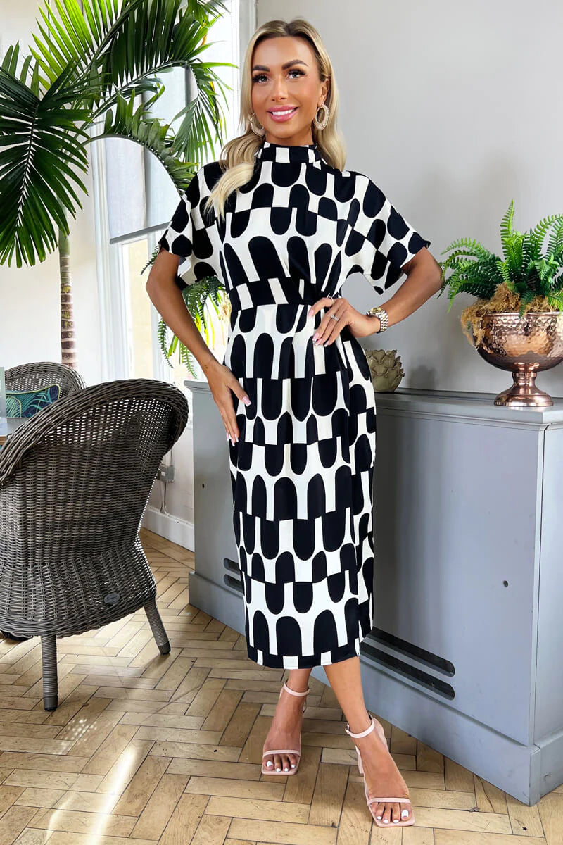 Epic Deals puff sleeve dressElla Black and Cream Abstract Print High Neck Midi Dress