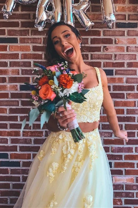 Discount Extravaganza Elegant Two Piece Yellow Long Prom Dress Scoop Appliques Formal Dress NA636