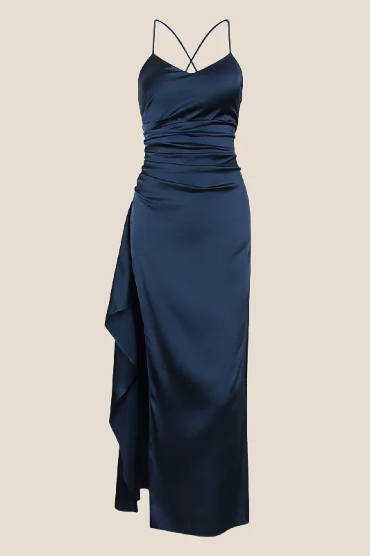 wrap-around dressStraps Navy Blue Ruched Long Dress with Slit