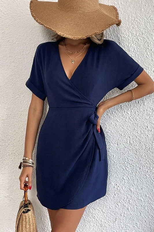 Savings Event chic wrap dressDEEP V NECK ROLL UP SLEEVE SIDE TIED WRAP DRESS