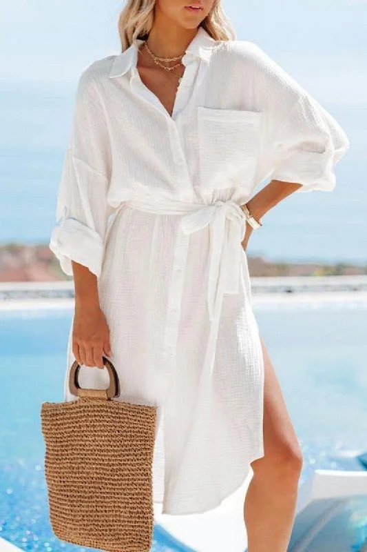 Massive Deals casual shift dressWOMEN BELTED WAIST BUTTON UP SHIRTS DRESS