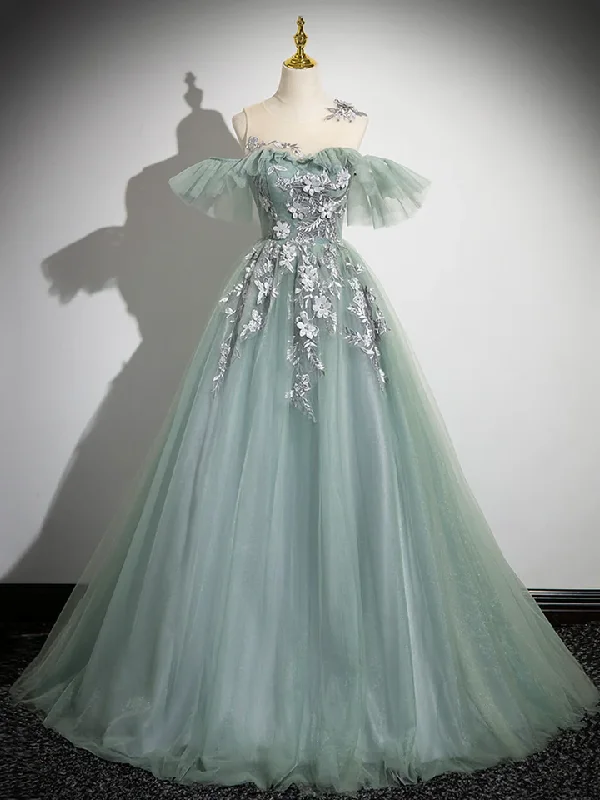 Online Only puff sleeve dressCute Tulle Lace A-Line Off Shoulder Evening Gown Formal Party Dress, DP2483