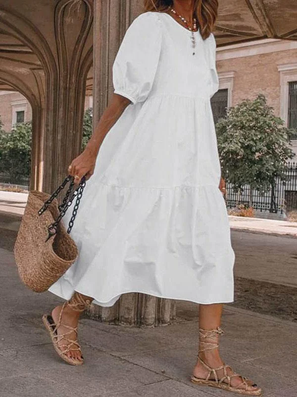 Discount Days high-waisted dressCasual Puff Sleeve Round Neck Bohemian Dress