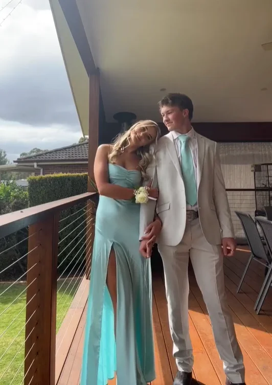 Major Savings flowy evening dressLight Blue Straps Lovely Satin Long Party Dress with Slit, DP2545