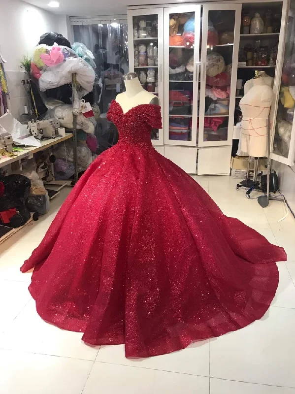 wrap-around dressLuxurious Off Shoulder Red Glitter Beading Ball Gown Sweet 16 Dress Y1275