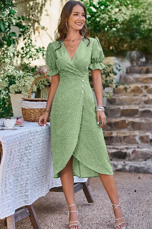 Warehouse Sale ruffle dressDOT V NECK PUFF SHOULDER TULIP MIDI DRESS