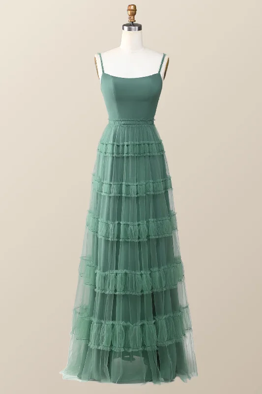 relaxed fit dressEucalyptus Tulle Ruffle Long Dress with Straps