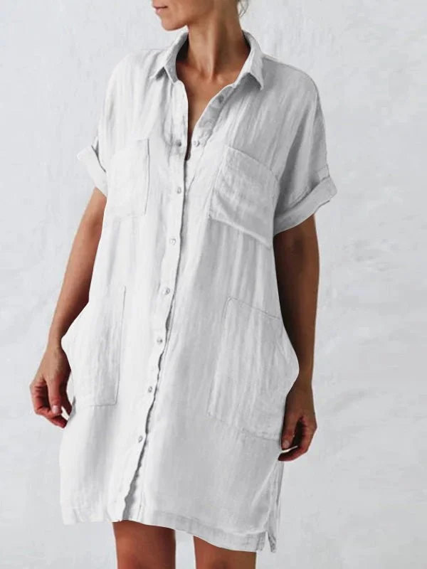Huge Discounts casual shift dressLapel Short Sleeve Pocket Shirt Dress