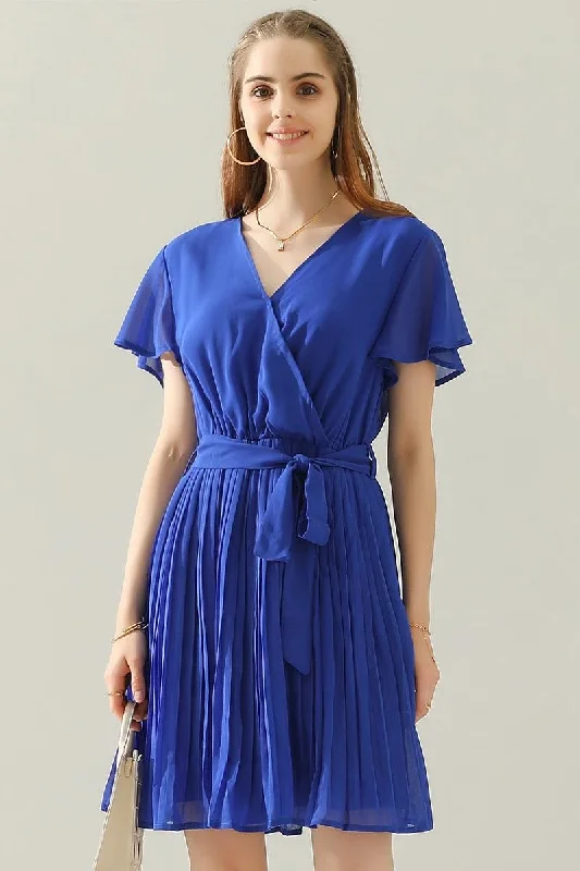 Customer Appreciation Sale evening dressTIED WAIST PLATED V NECK CHIFFON DRESS