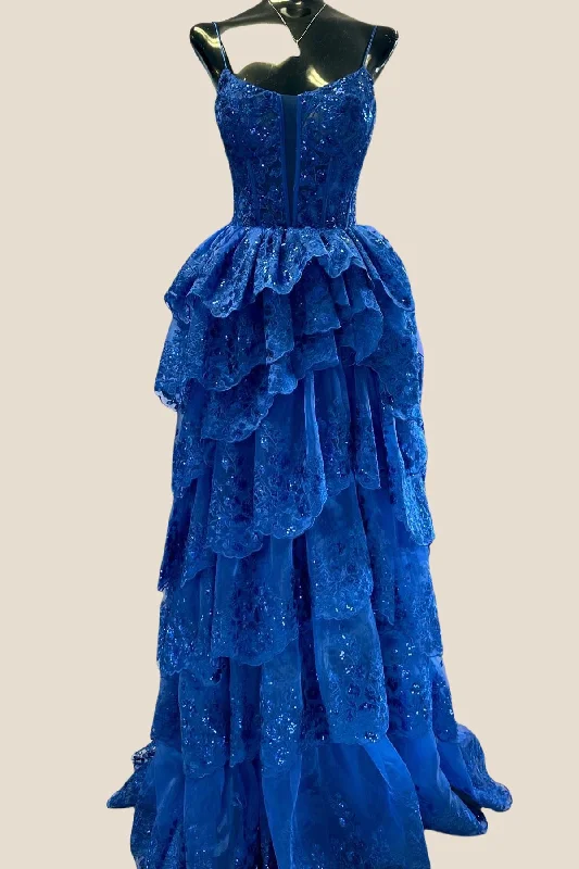 ruched dressStraps Royal Blue Appliques Ruffles Long Formal Dress