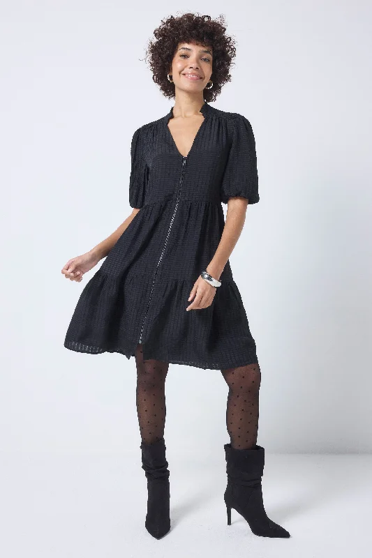 Grand Opening Sale draped dressBlack Textured Zip Detail Tiered Short Dress
