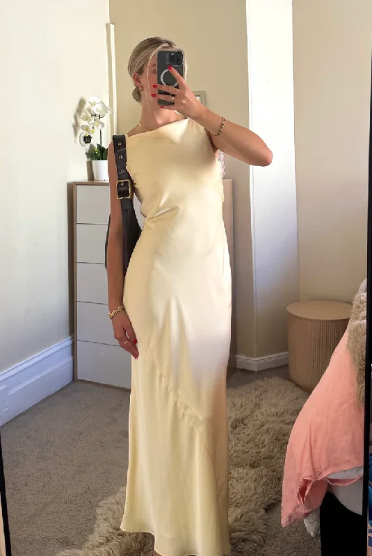 Clearance Event ruffle dressLight Yellow Sleeveless Satin Elegant Long Party Dress, DP2409 Clearance Event ruffle dressLight Yellow Sleeveless Satin Elegant Long Party Dress, DP2409