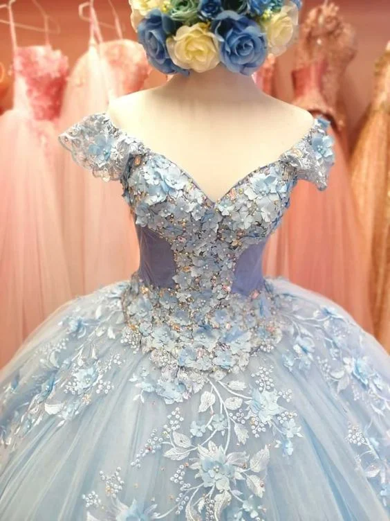 textured dressWinter Wonderland Light Blue Tulle Appliques Ball Gown Sweet 16 Dress Y601