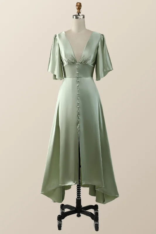 stylish party dressFlare Sleeves Green Empire Midi Bridesmaid Dress