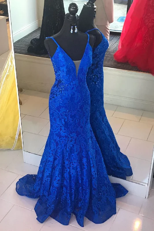 long-sleeve floral dressElegant V Neck Mermaid Royal Blue Long Lace Prom Dress Y1200