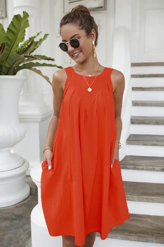 Final Clearance stylish party dressDaytime Playtime Cotton + Linen Pocketed Dress - Tomato Red Final Clearance stylish party dressDaytime Playtime Cotton + Linen Pocketed Dress - Tomato Red