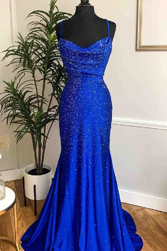 casual day dressRoyal Blue Beaded Cowl Neck Mermaid Long Prom Dress Y1000