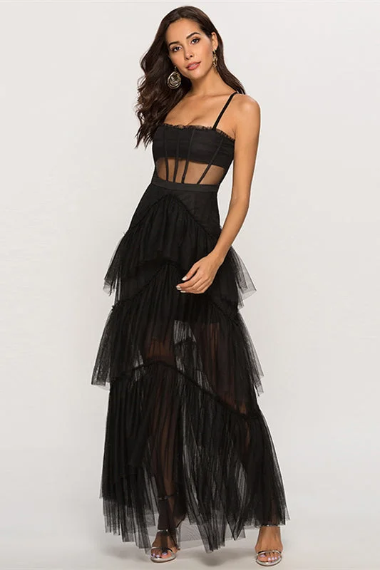 wool dressStraps Black Tulle Ruffled Long Maxi Dress