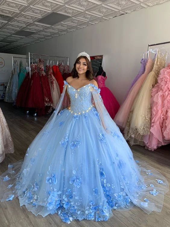 ruched dressLight Blue Quinceanera Dresses Flowers Ball Gown Off Shoulder Lace Appliques 3d Floral Crystal Beads Long Sleeves Sweet 16 Dress Y759