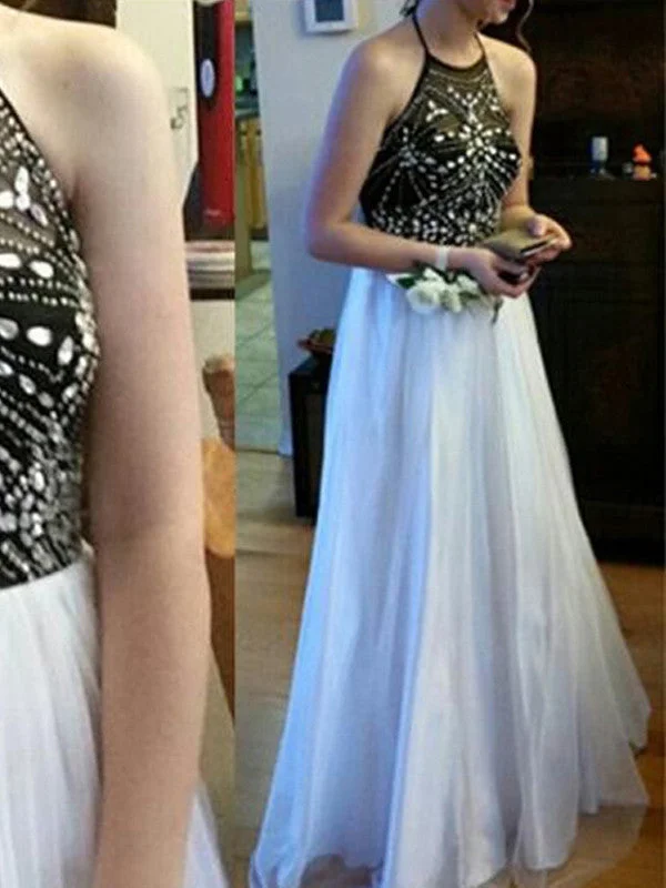 Bargain Blast halter prom dresses A-line Halter Floor-length Chiffon Prom Dress/Evening Dress #MK080