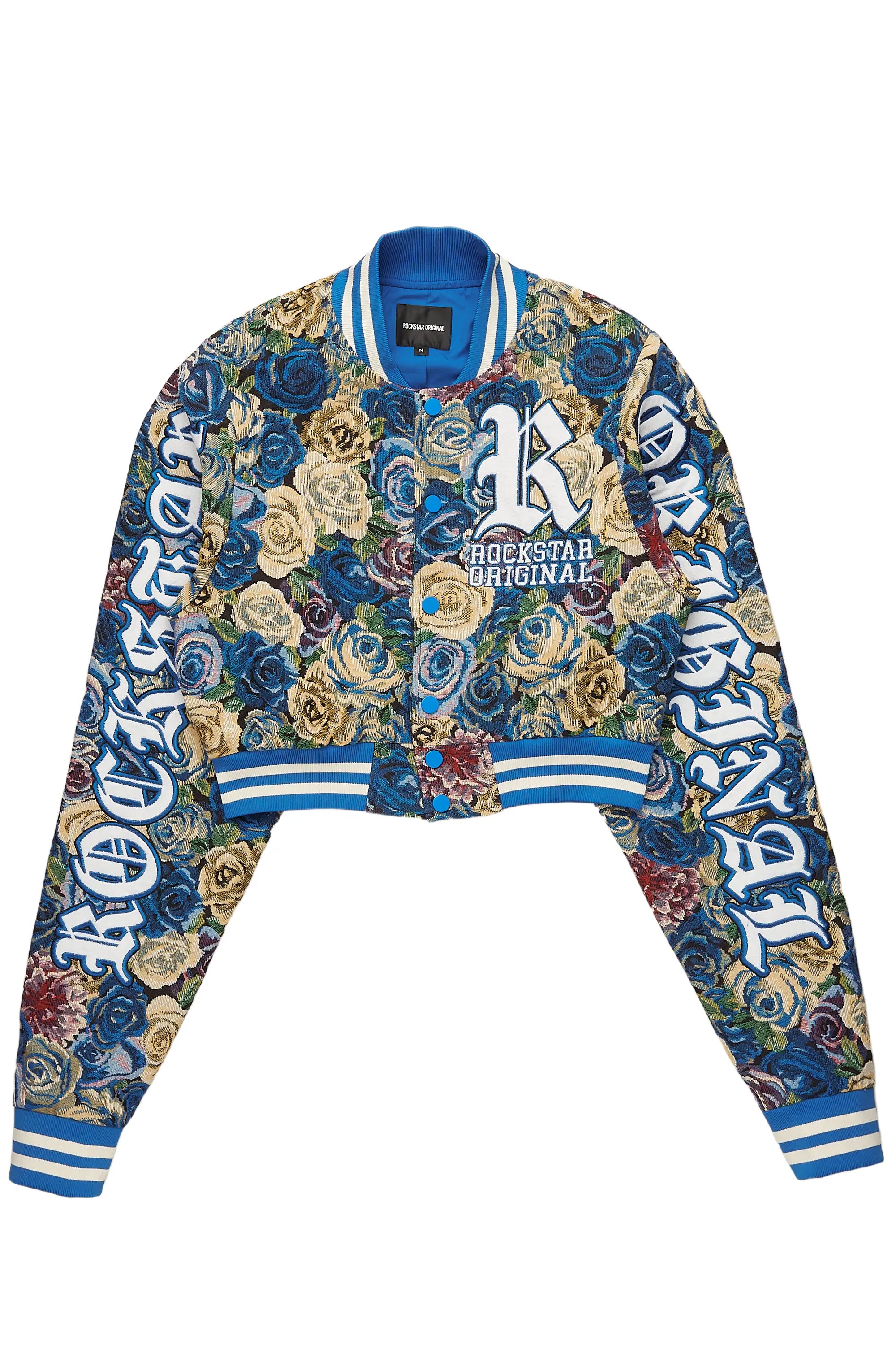 Lowest Prices Darresha Blue Crop Tapestry Varsity Jacket