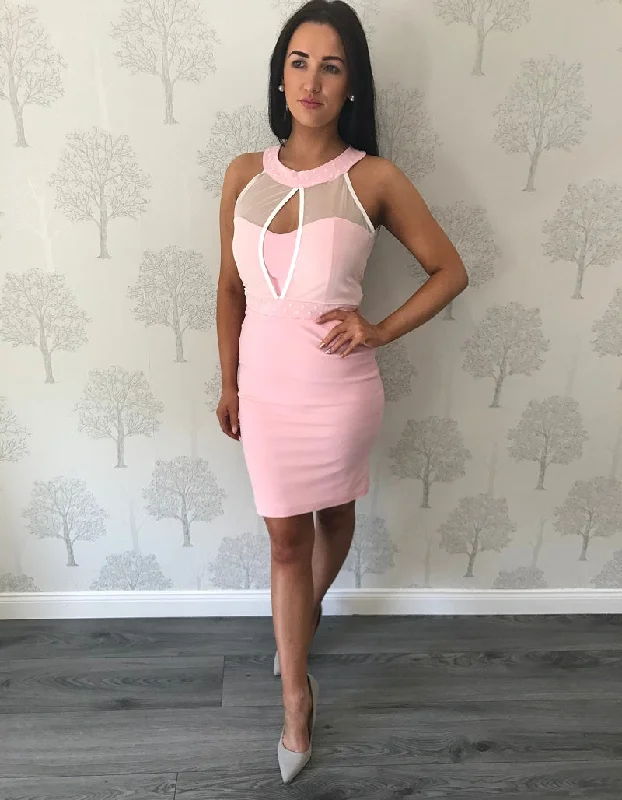 Super Deal one-shoulder dressSoft Pink High Neck Mesh Style Knee Length Dress