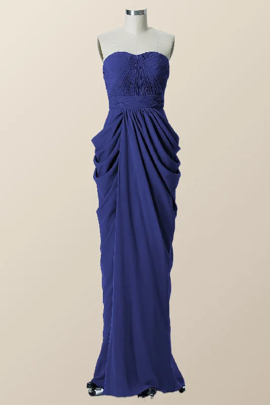 elegant shift dressSweetheart Navy Blue Draped Long Bridesmaid Dress