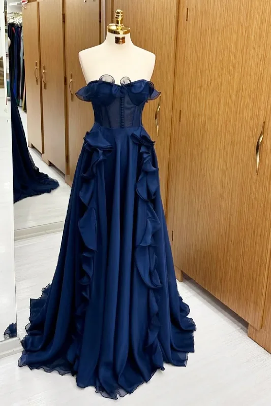 Clearance Items elegant evening dressNavy Blue Strapless A-Line Ruffles Formal Long Prom Dress, DP2568