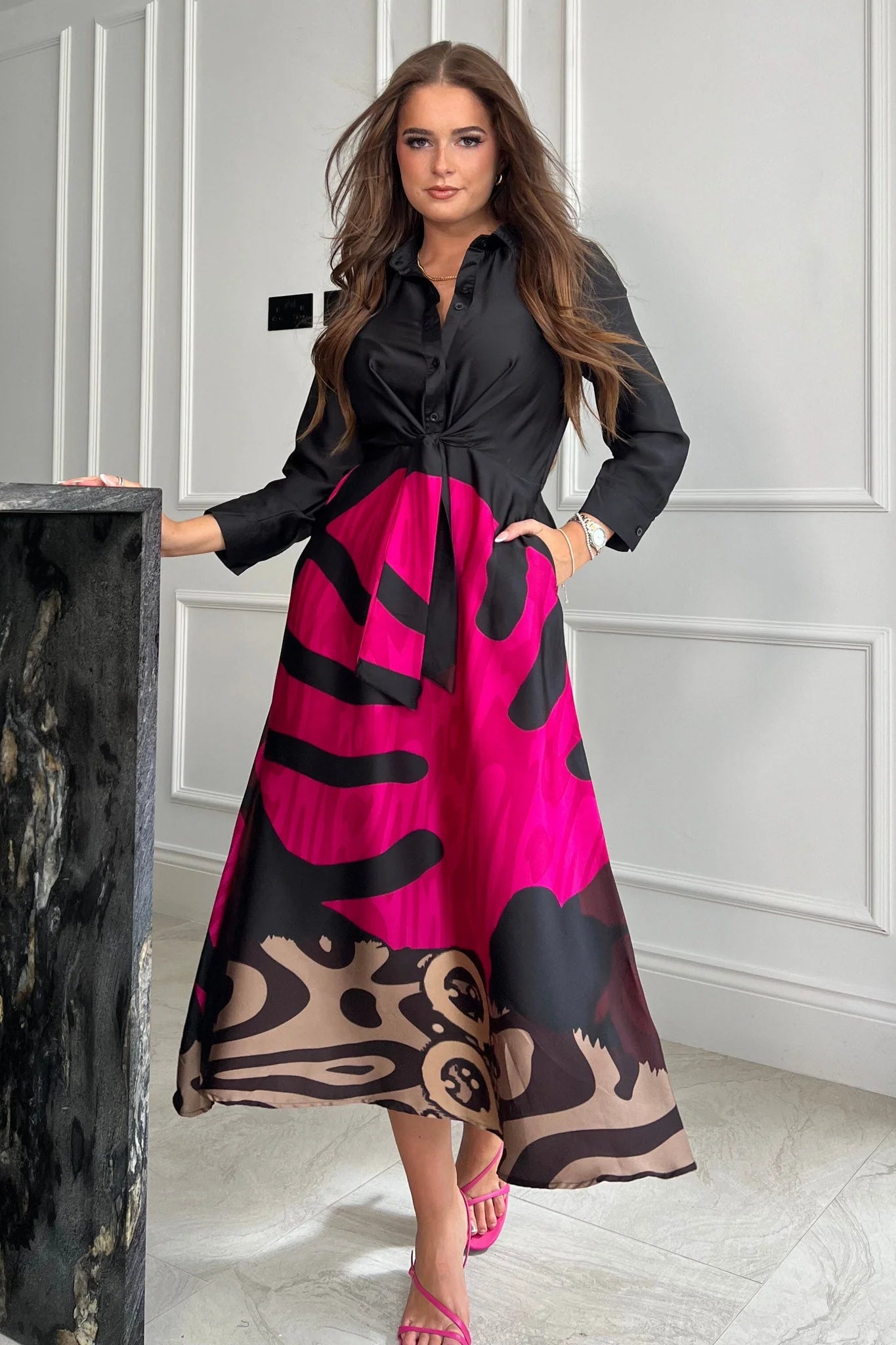 Overstock stylish party dressIzzie Purple Leaf Tie Front Shirt Dress