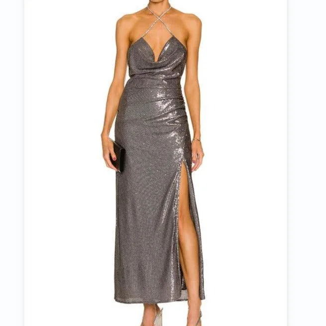 Final Clearance satin midi dressKittenAlarm - Bayley Halter Metal Dress