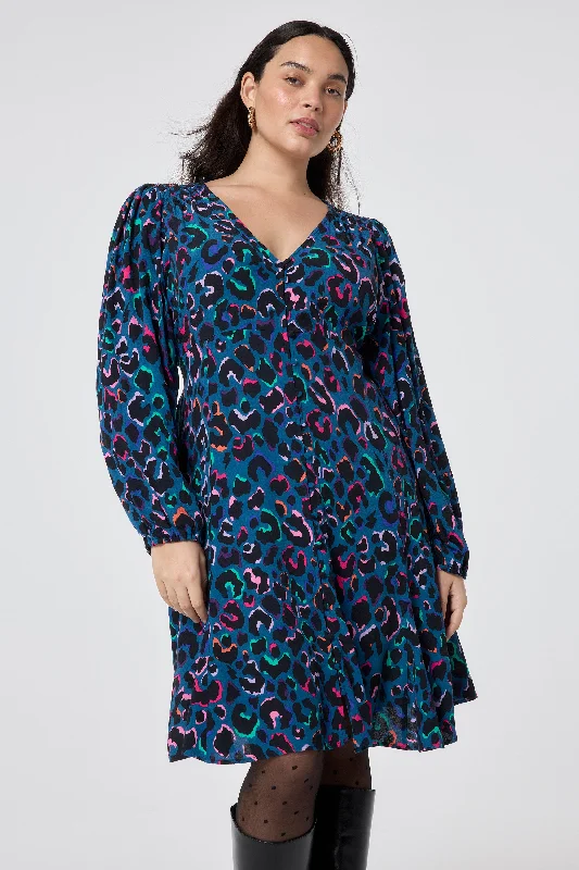 Best Deals stylish dressTeal with Rainbow Shadow Leopard Blouson Sleeve Godet Short Dress
