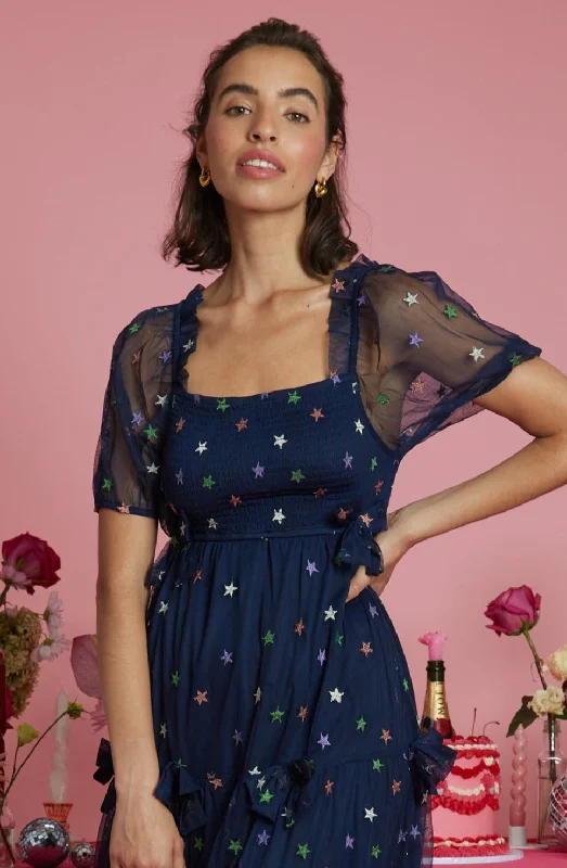 Overstock Sale Evelyn Rainbow Star print Navy Tulle Midi Dress