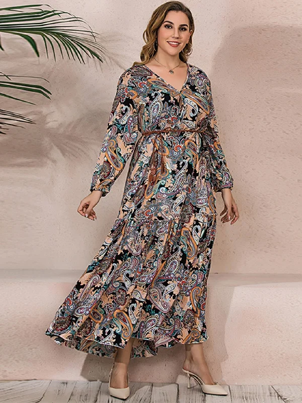 Unmissable Offer sleek midi dressKittenAlarm - Plus Size Oversize Paisley Print Ruffled Hem Longline Dress with Waist Belt
