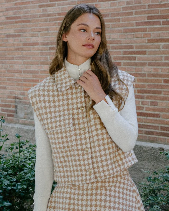 Fantastic Deals Houndstooth Checkered Quilted Vest - Beige
