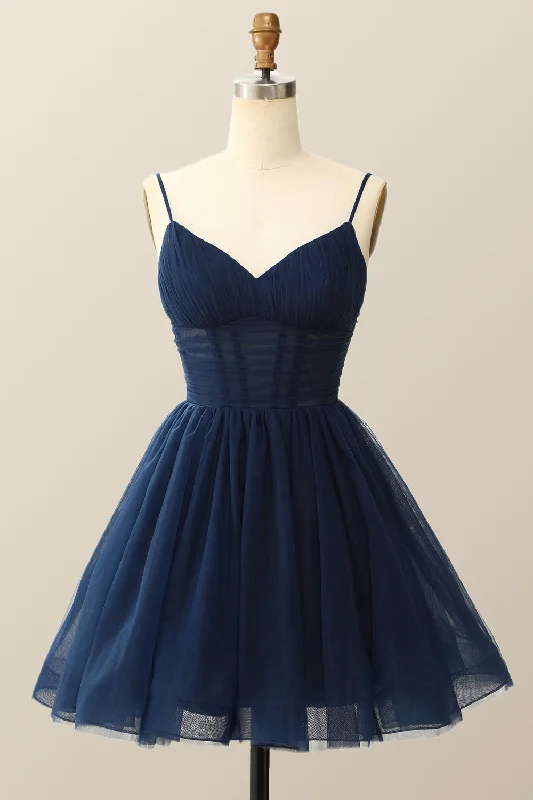 casual evening dressStraps Navy Blue Pleated A-line Homecoming Dress