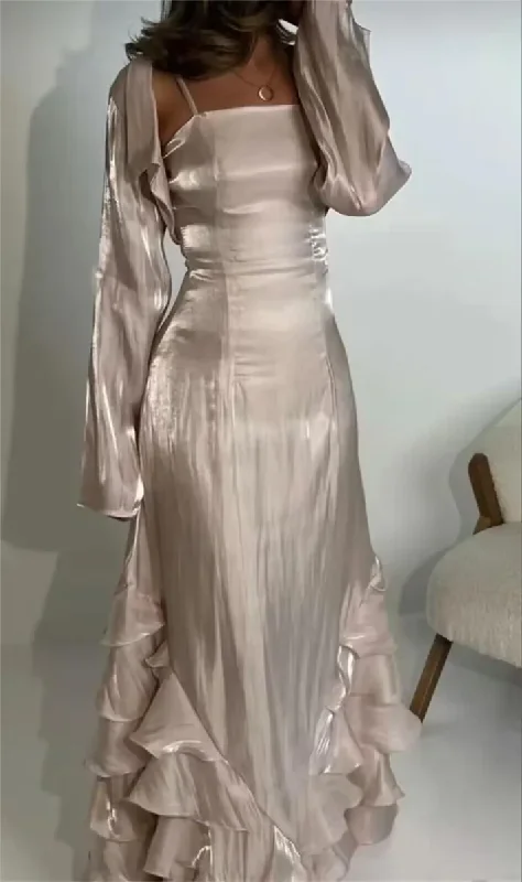 Amazing Deals silk dressVintage Spaghetti Straps Ruffles Long Party Dress, DP2450