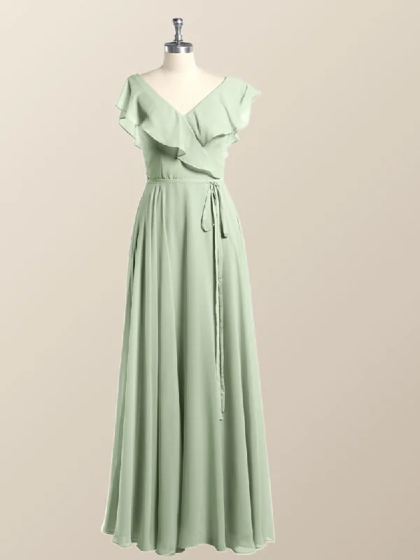 flowy dressRuffles V Neck Sage Green Chiffon Long Bridesmaid Dress