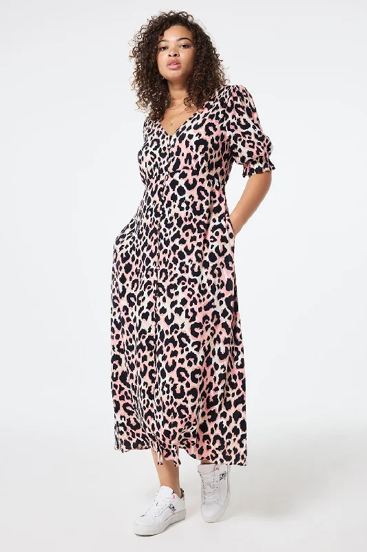 Year-End Clearance stylish party dressMixed Neutral with Black Shadow Leopard Flute Sleeve Midi Tea Dress