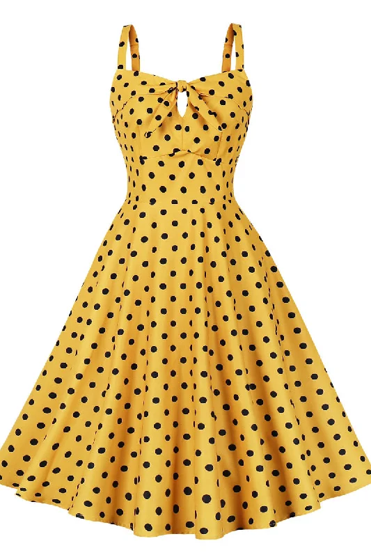 one-shoulder dressYellow and Black Polk Dots Swing Dress