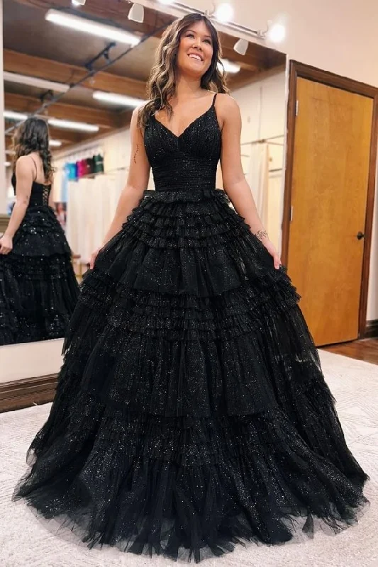 Early Access off-shoulder dressSparkly Black V Neck Tulle Tiered Long Prom Dress Evening Gown,DP1755