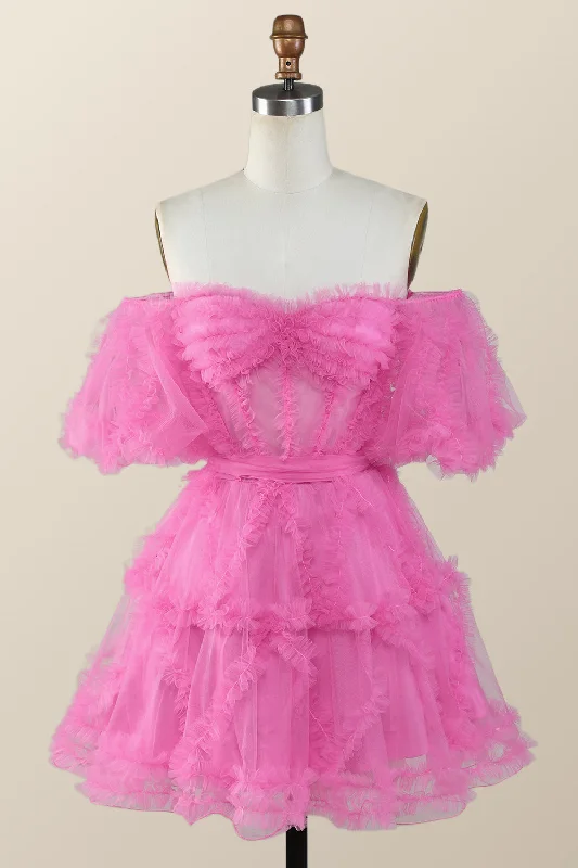 boho dressOff the Shoulder Hot Pink Ruffles Short A-line Homecoming Dress