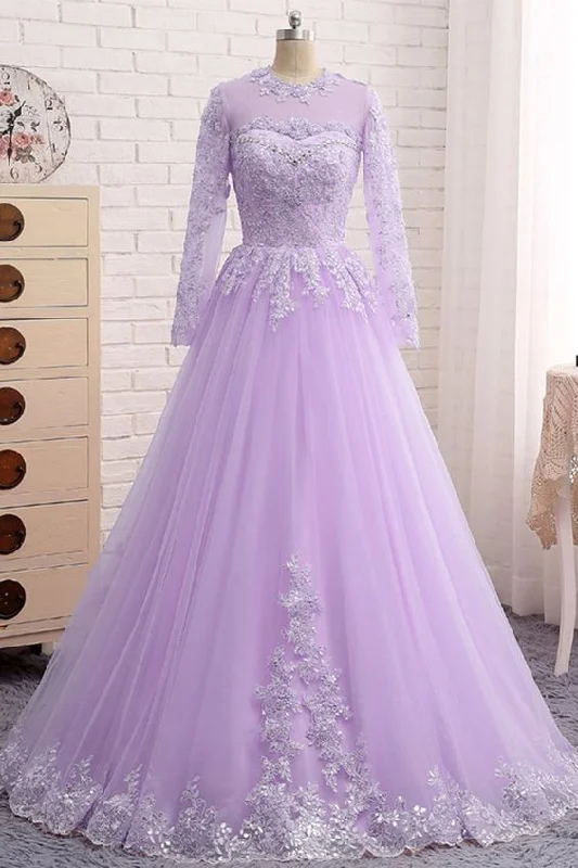 midi dressLavender Tulle Long Sleeve Beaded Formal Prom Dress With Lace Applique Y890