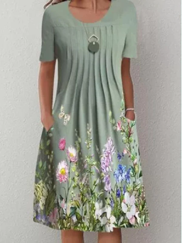 Savings Alert wool dressCasual Floral Round Neck Mid-length Straight Dress
