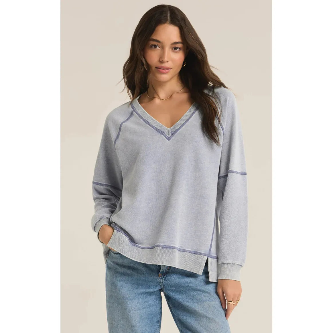 Price Reduction athletic streetwear sweatshirtZ Supply Easy V-Neck Knit Denim Sweatshirt