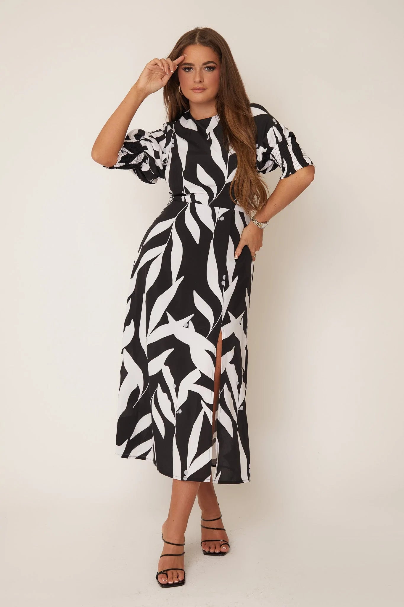 Super Sale luxury dressBrogan Black White Floral Print Midi Dress