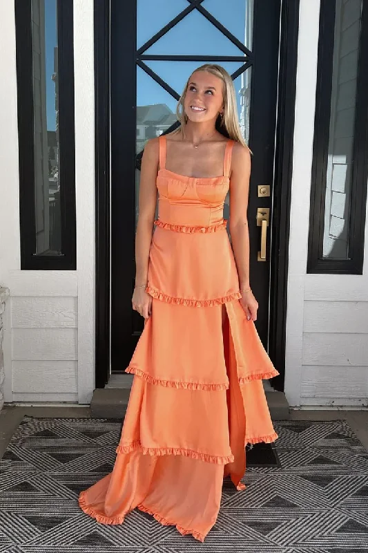 Savings Event trendy mini dressOrange A-Line Satin Layers Long Prom Dress with Slit, DP2571